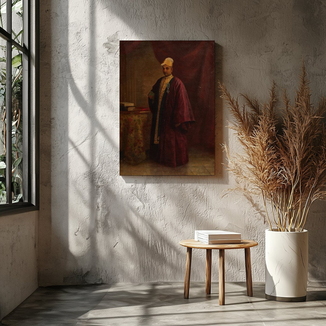 This exquisite portrait captures the regal presence of a nobleman, dressed in an opulent burgundy for Entrance