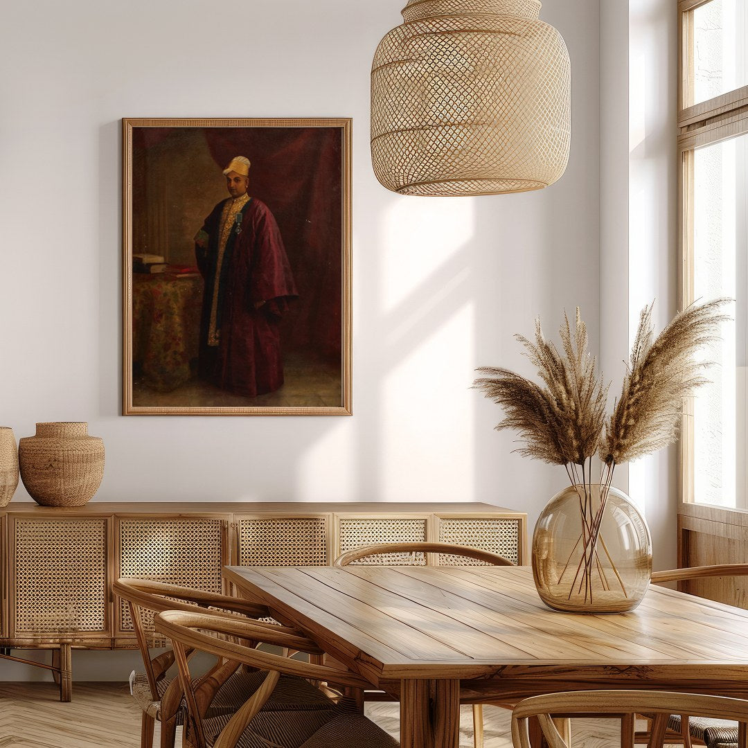 This exquisite portrait captures the regal presence of a nobleman, dressed in an opulent burgundy for Extra Kitchen