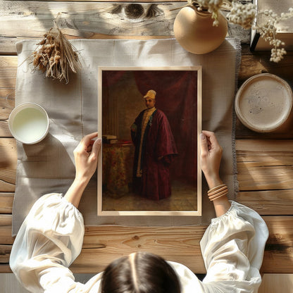 This exquisite portrait captures the regal presence of a nobleman, dressed in an opulent burgundy for Kitchen