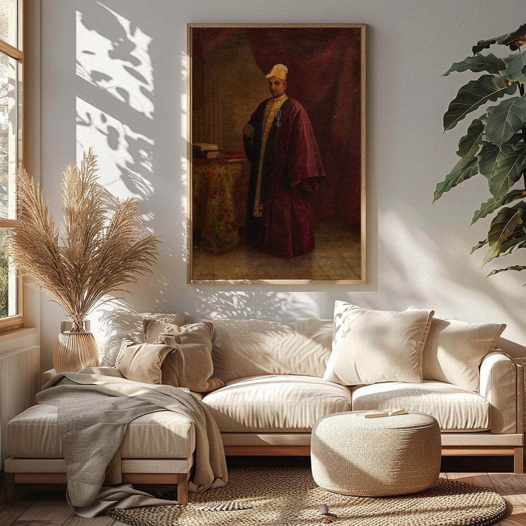 This exquisite portrait captures the regal presence of a nobleman, dressed in an opulent burgundy for Sitting Area