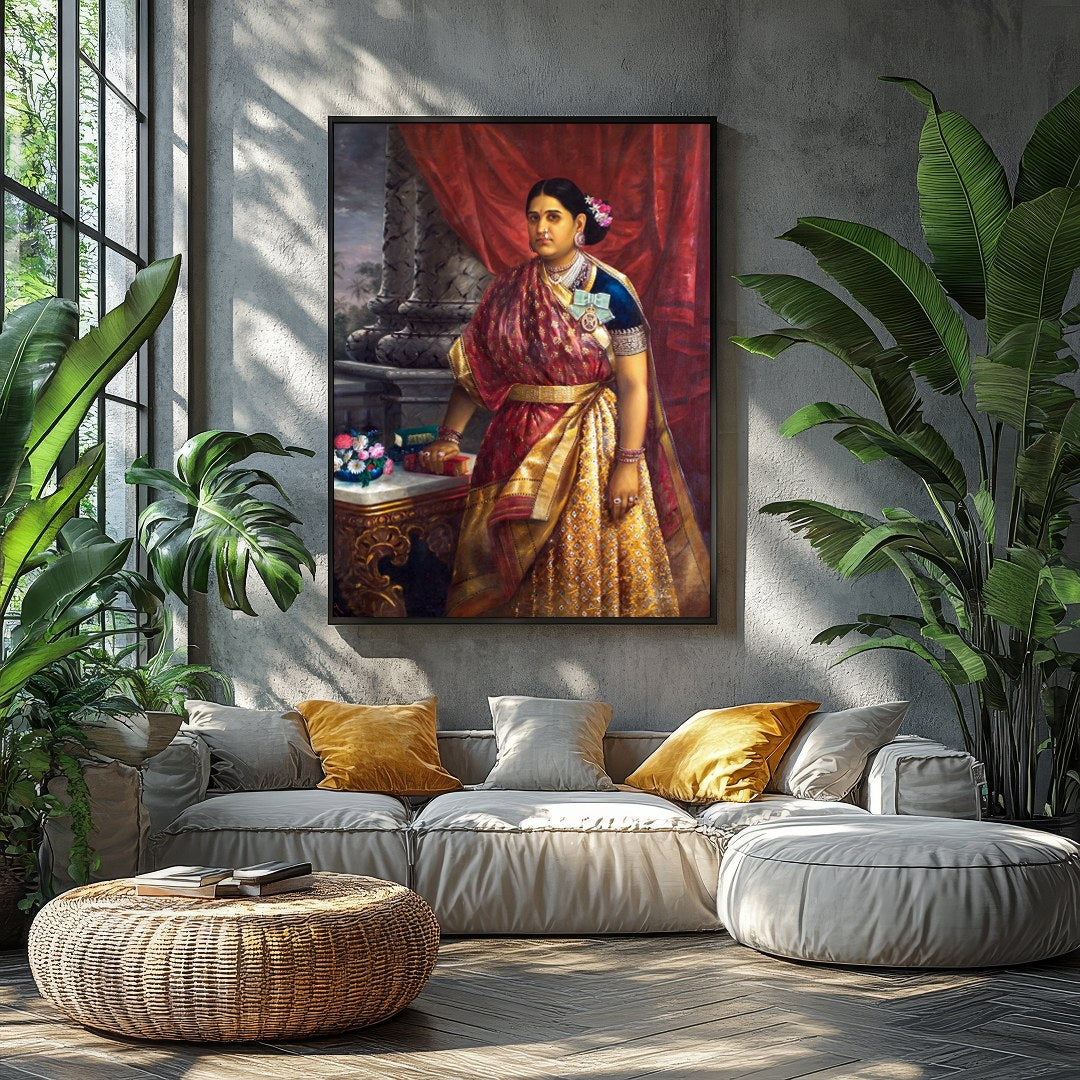 This exquisite artwork captures the elegance and poise of a noblewoman in traditional attire, for Balcony