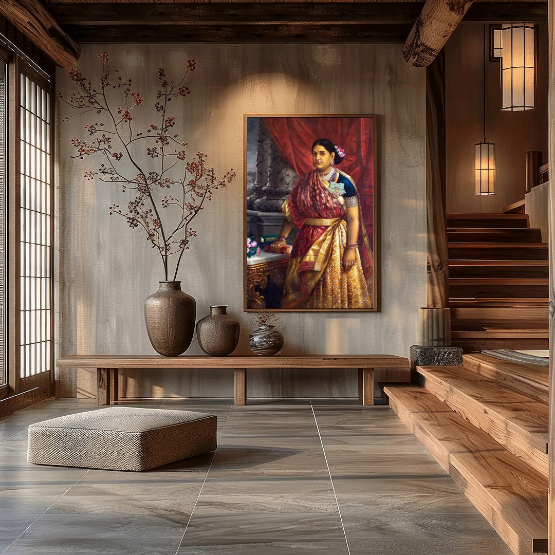This exquisite artwork captures the elegance and poise of a noblewoman in traditional attire, for Hall