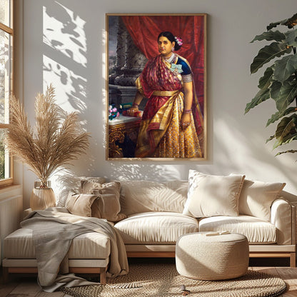 This exquisite artwork captures the elegance and poise of a noblewoman in traditional attire, for Sitting Area