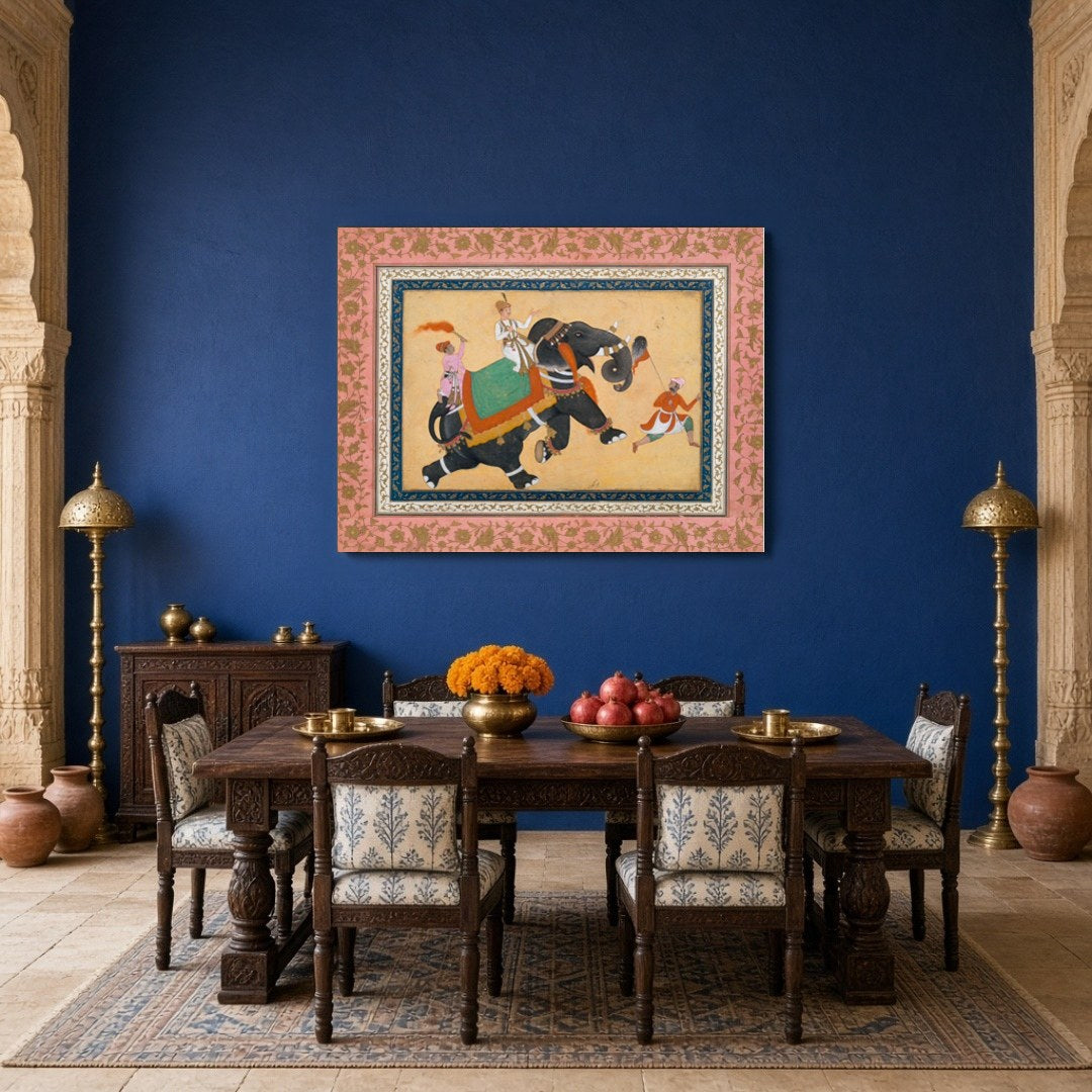 Embrace the grandeur of Indo-Mughal artistry with this captivating artwork depicting a majestic for Dining