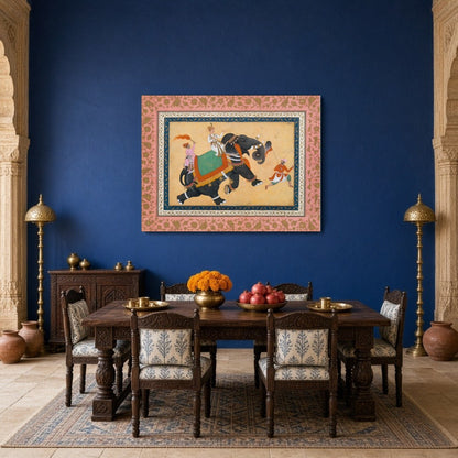 Embrace the grandeur of Indo-Mughal artistry with this captivating artwork depicting a majestic for Dining