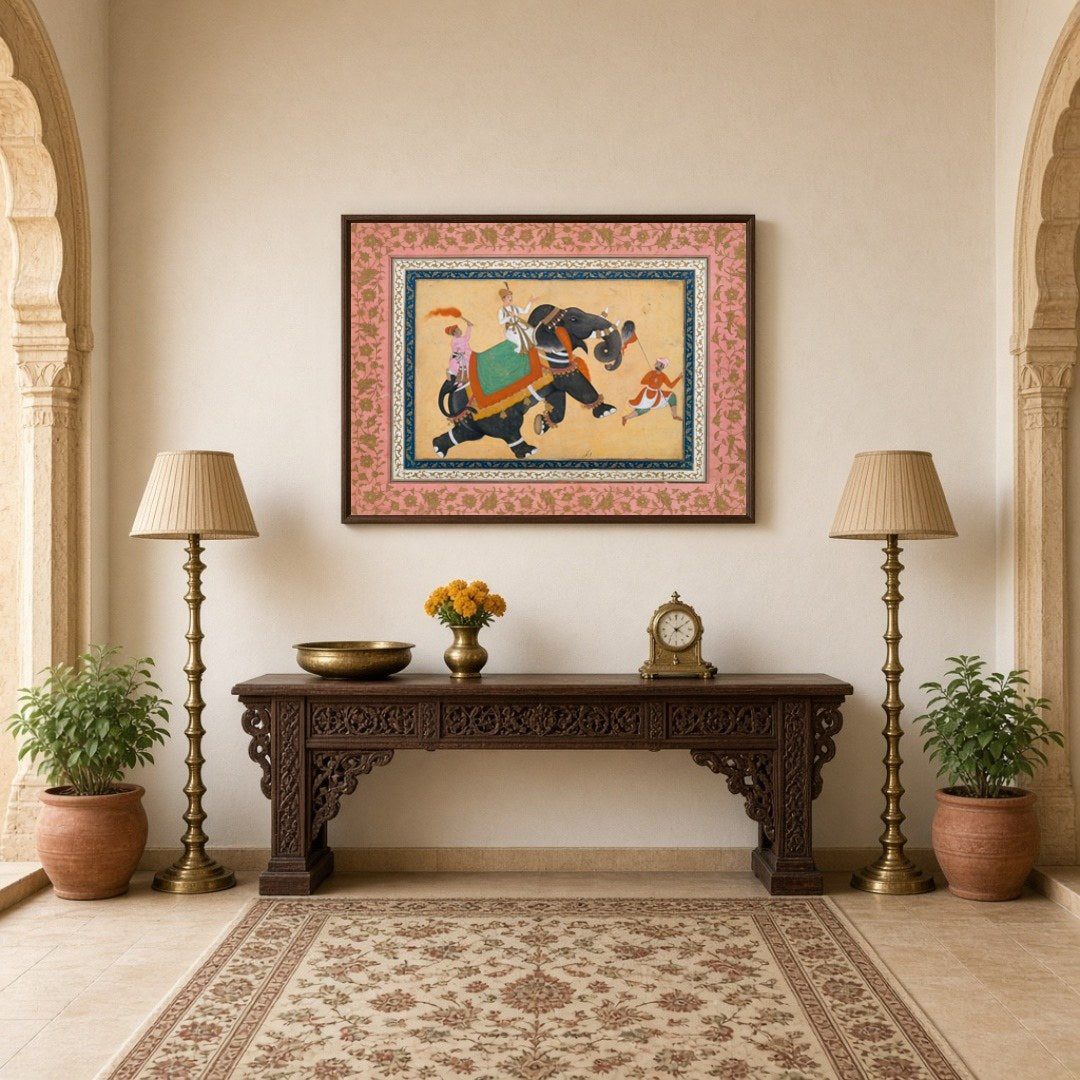 Embrace the grandeur of Indo-Mughal artistry with this captivating artwork depicting a majestic for Hallway