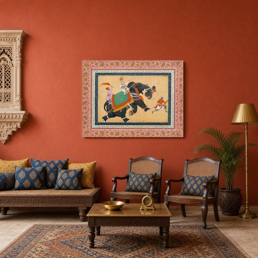 Embrace the grandeur of Indo-Mughal artistry with this captivating artwork depicting a majestic for Sitting Area