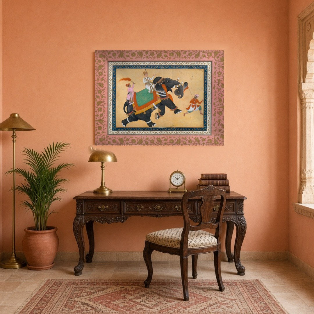 Embrace the grandeur of Indo-Mughal artistry with this captivating artwork depicting a majestic for Study