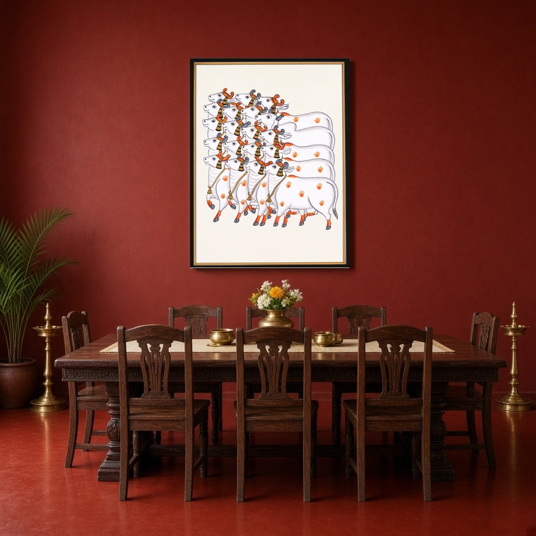 Immerse yourself in the serene elegance of Pichwai tradition with this exquisite depiction of for Dining