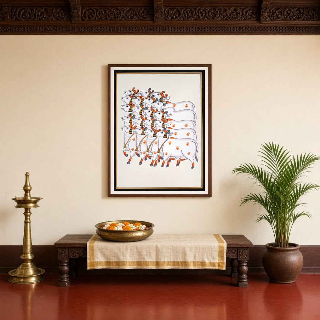 Immerse yourself in the serene elegance of Pichwai tradition with this exquisite depiction of for Entrance