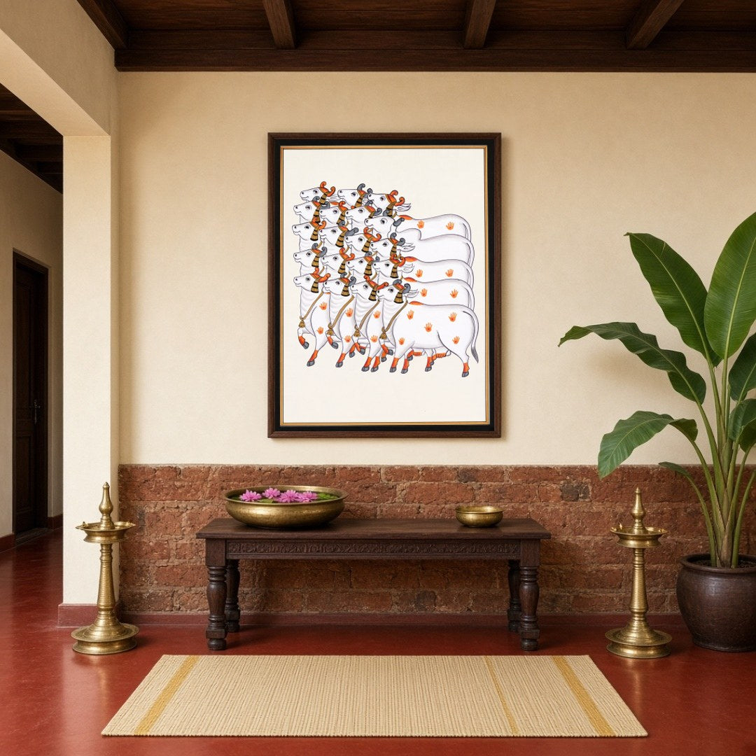 Immerse yourself in the serene elegance of Pichwai tradition with this exquisite depiction of for Hallway