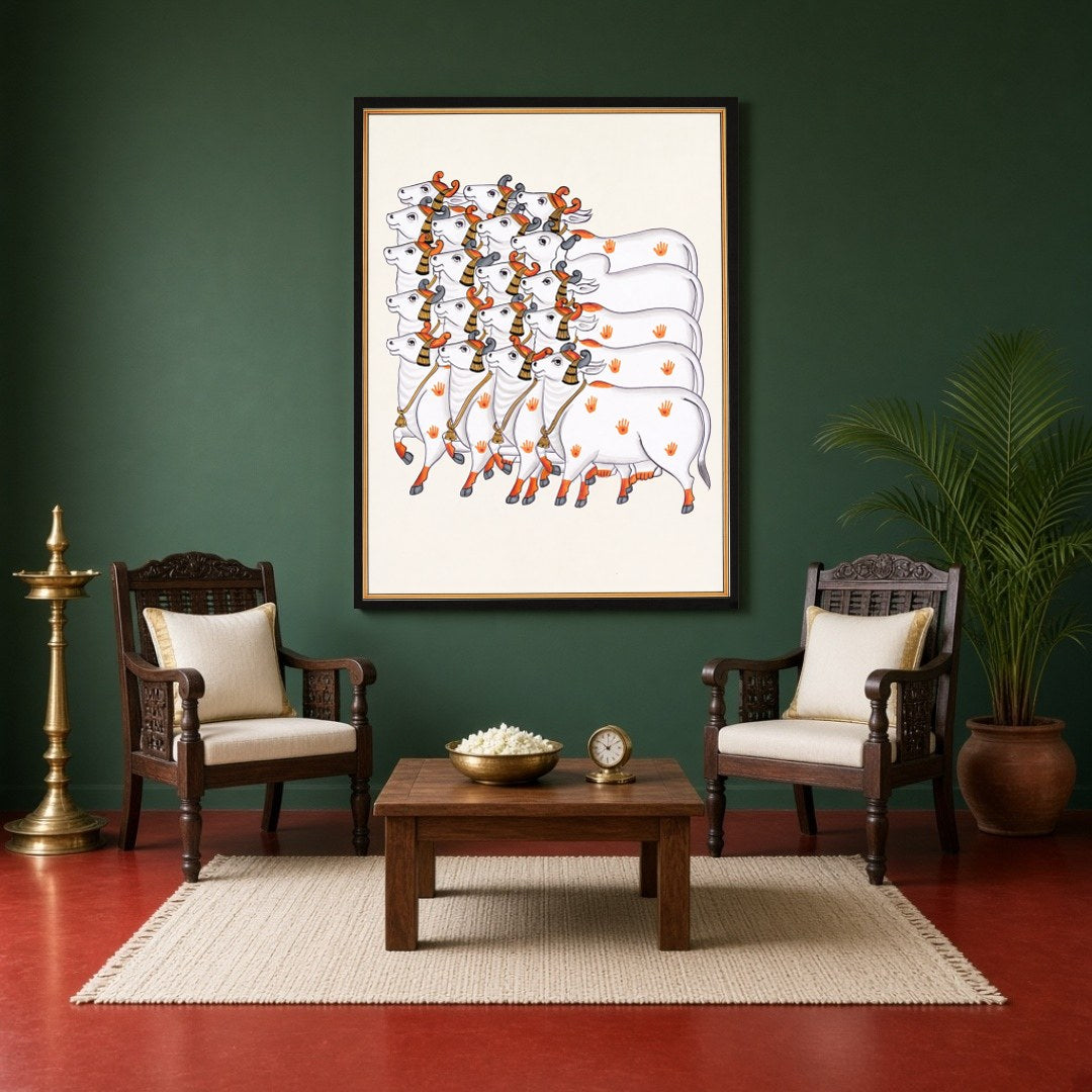 Immerse yourself in the serene elegance of Pichwai tradition with this exquisite depiction of for Sitting Area