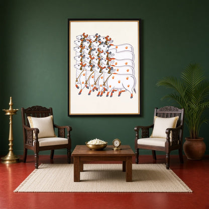 Immerse yourself in the serene elegance of Pichwai tradition with this exquisite depiction of for Sitting Area