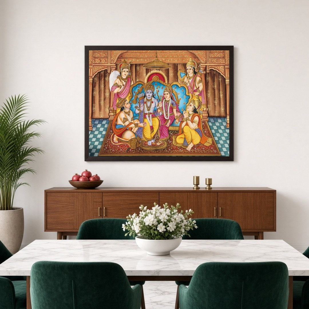 Celebrate the divine coronation of Lord Ram in this stunning Indian Miniature artwork. The vibrant for Dining