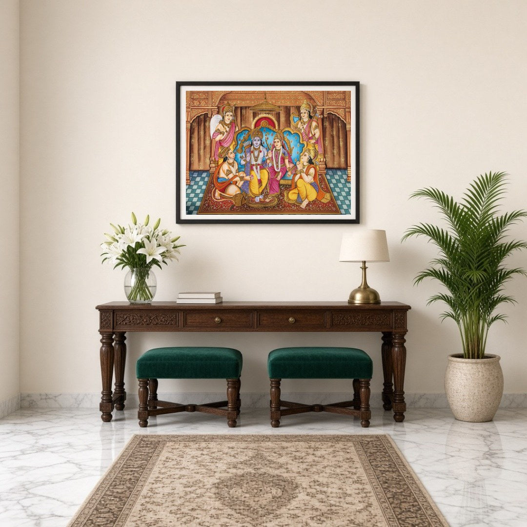 Celebrate the divine coronation of Lord Ram in this stunning Indian Miniature artwork. The vibrant for Entrance