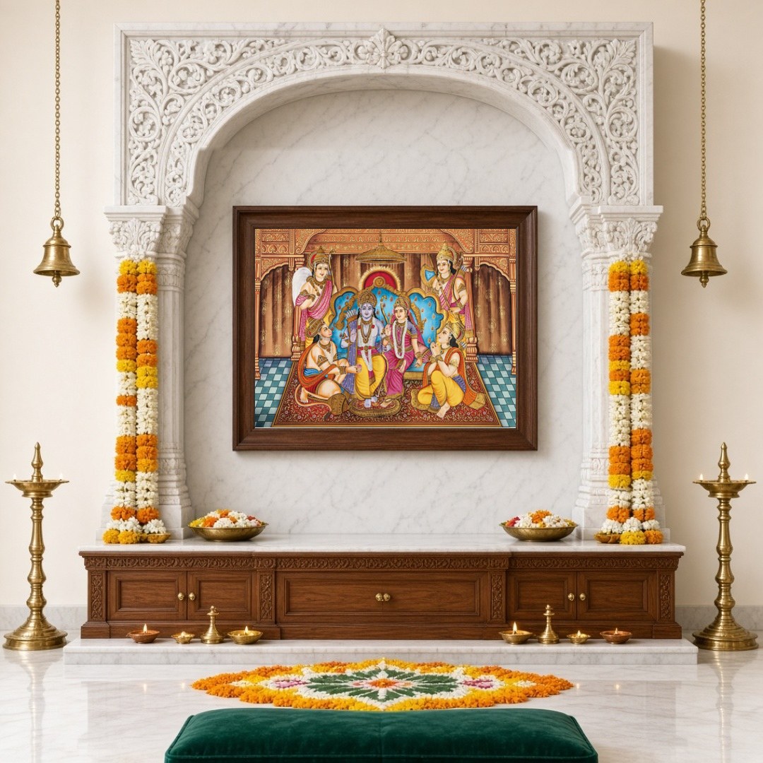 Celebrate the divine coronation of Lord Ram in this stunning Indian Miniature artwork. The vibrant for Home Temple