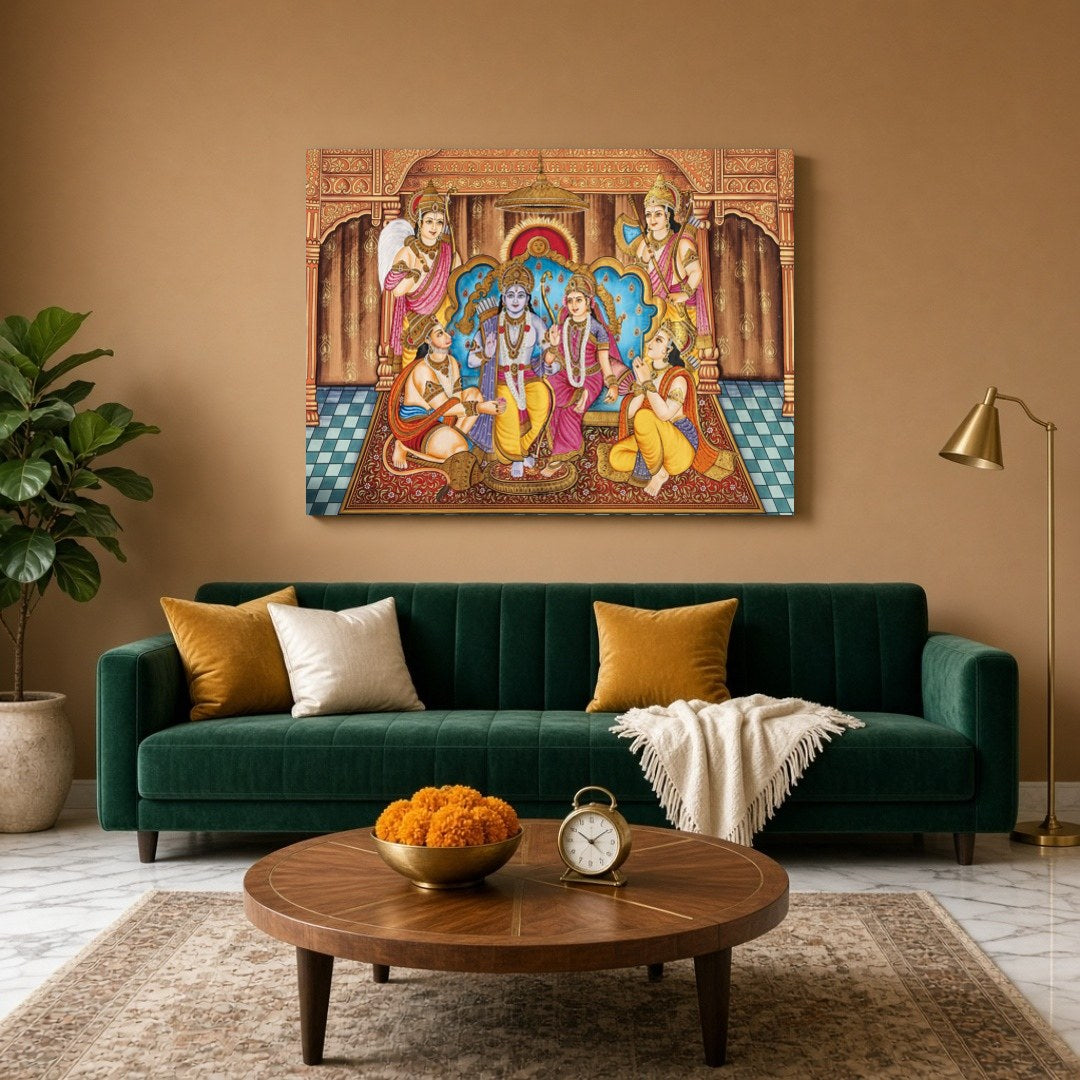 Celebrate the divine coronation of Lord Ram in this stunning Indian Miniature artwork. The vibrant for Living Room