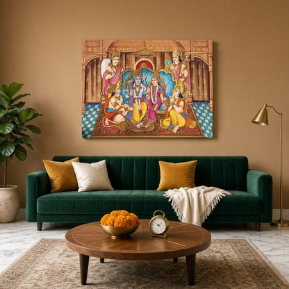 Celebrate the divine coronation of Lord Ram in this stunning Indian Miniature artwork. The vibrant for Living Room