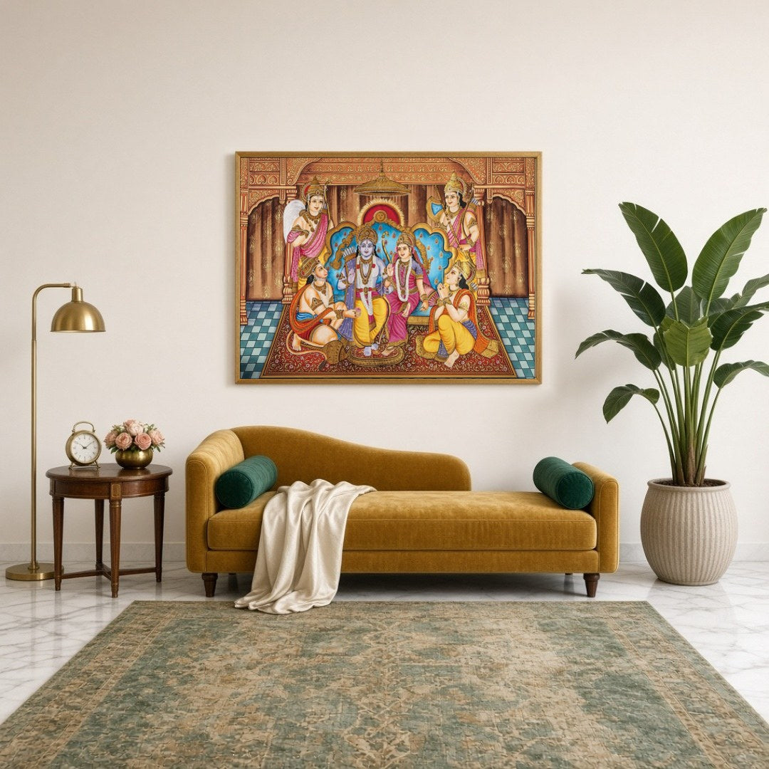 Celebrate the divine coronation of Lord Ram in this stunning Indian Miniature artwork. The vibrant for Sitting Lounge