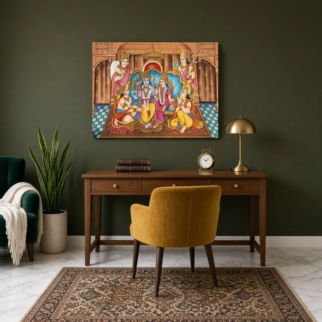 Celebrate the divine coronation of Lord Ram in this stunning Indian Miniature artwork. The vibrant for Study