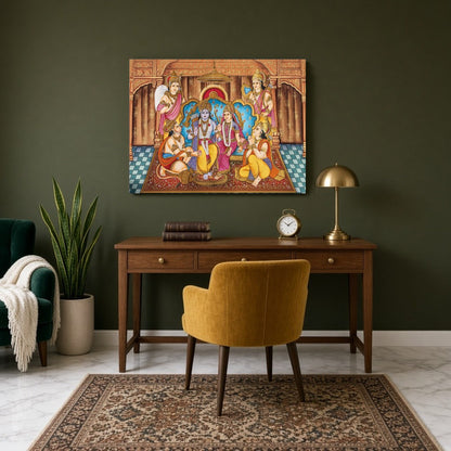 Celebrate the divine coronation of Lord Ram in this stunning Indian Miniature artwork. The vibrant for Study