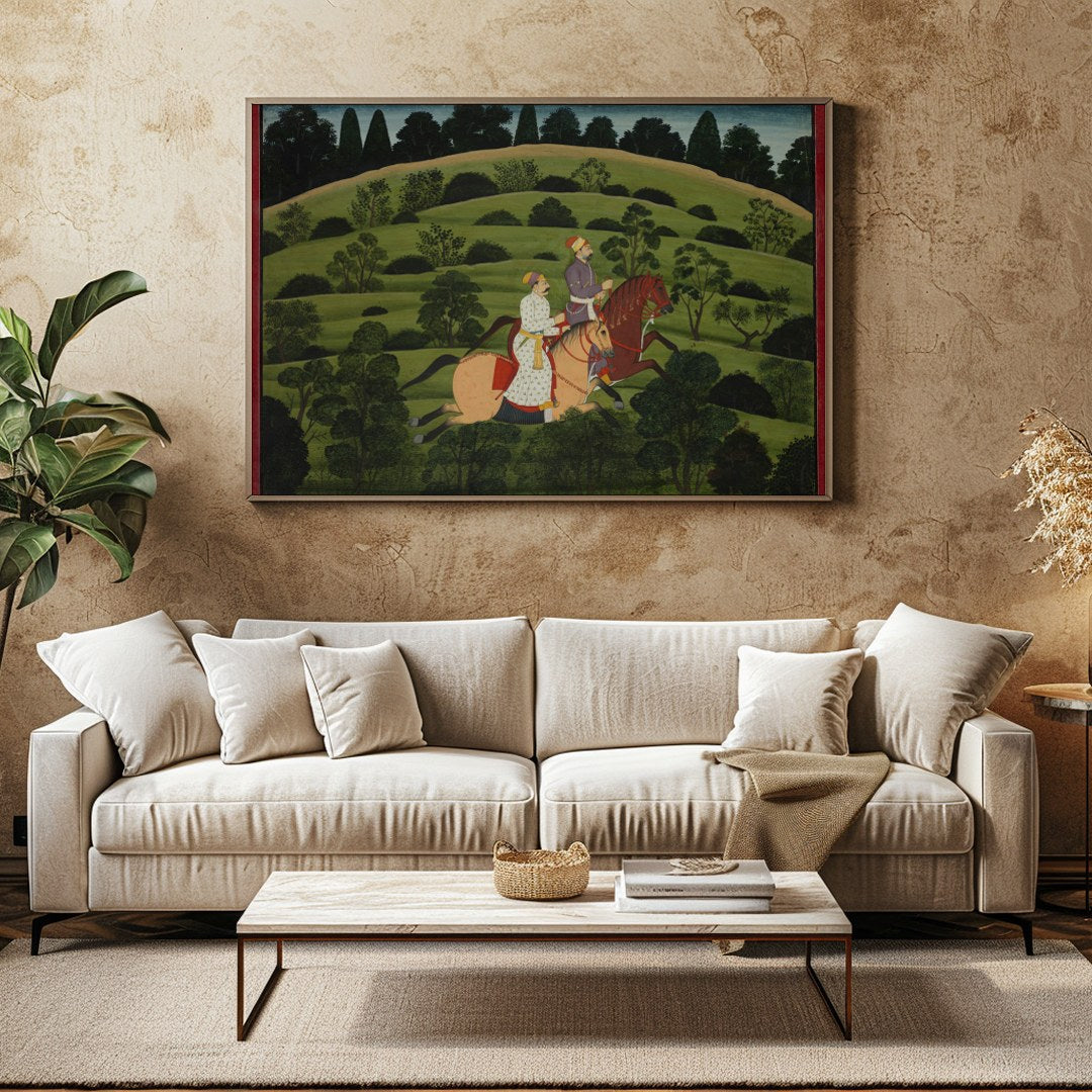Experience the elegance of a bygone era with this captivating depiction of two noble riders amidst for Family Room