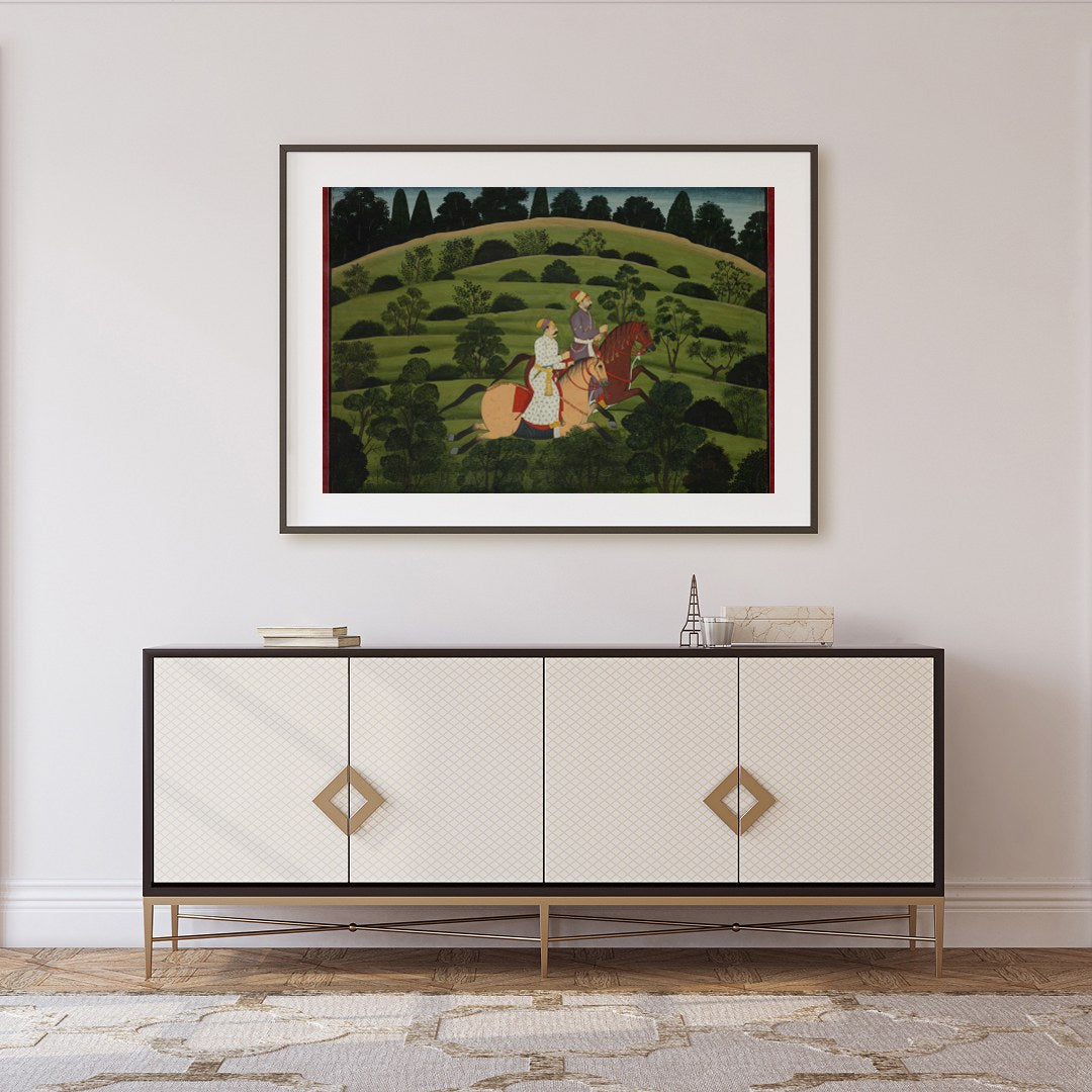 Experience the elegance of a bygone era with this captivating depiction of two noble riders amidst for Foyer