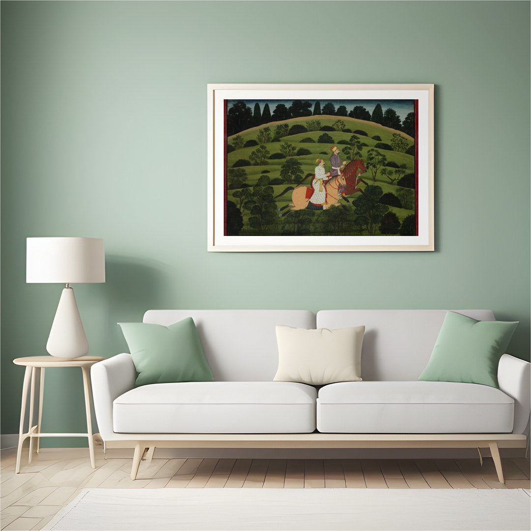 Experience the elegance of a bygone era with this captivating depiction of two noble riders amidst for Hall