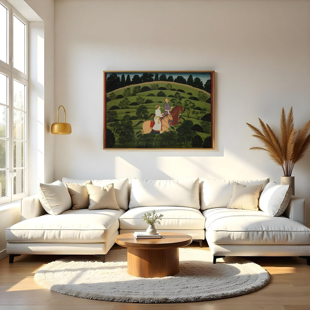 Experience the elegance of a bygone era with this captivating depiction of two noble riders amidst for Living Room