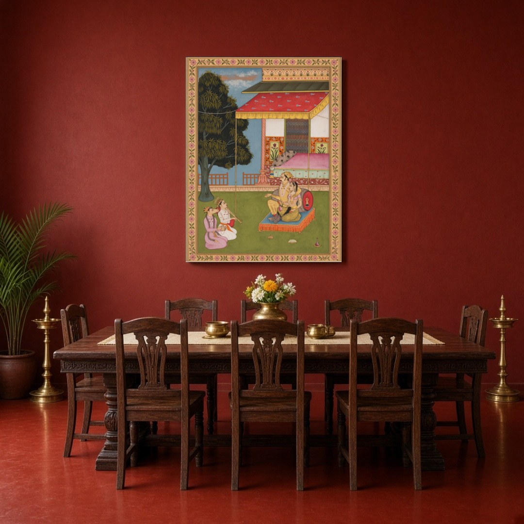 Immerse yourself in the opulence of Mughal artistry with this exquisite artwork portraying a royal for Dining
