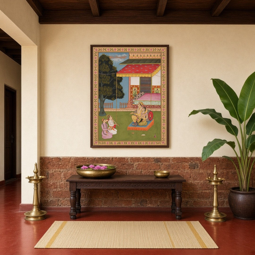 Immerse yourself in the opulence of Mughal artistry with this exquisite artwork portraying a royal for Hallway