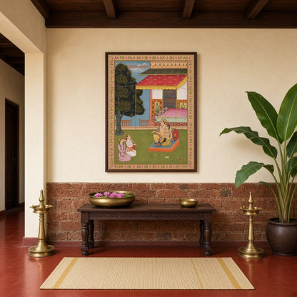 Immerse yourself in the opulence of Mughal artistry with this exquisite artwork portraying a royal for Hallway