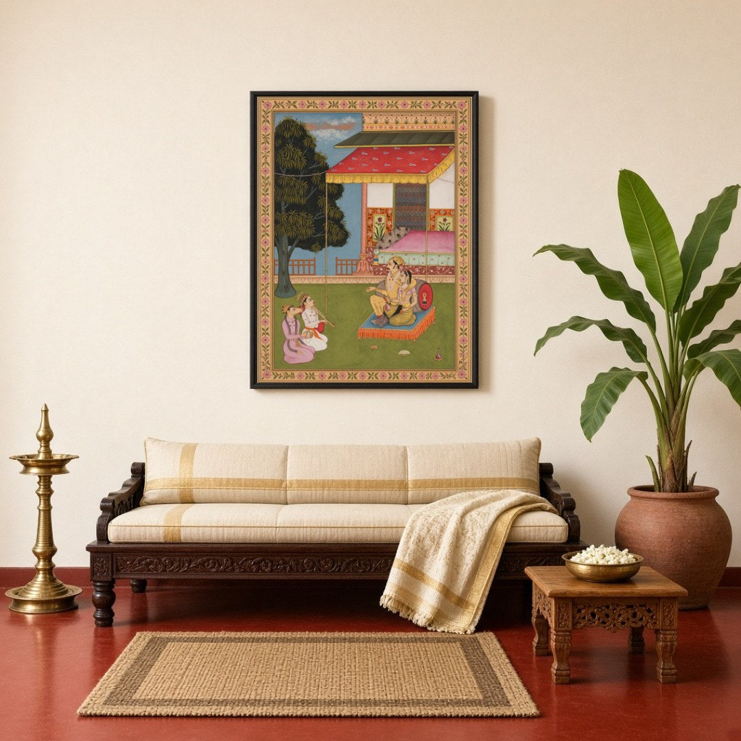 Immerse yourself in the opulence of Mughal artistry with this exquisite artwork portraying a royal for Living Room