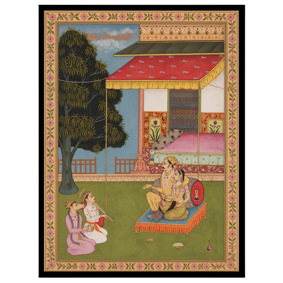 Immerse yourself in the opulence of Mughal artistry with this exquisite artwork portraying a royal for nook