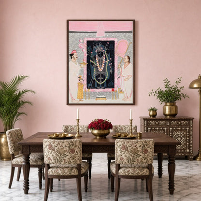 Celebrate the divine presence of Shrinathji with this exquisite Pichwai artwork, capturing a serene for Dining