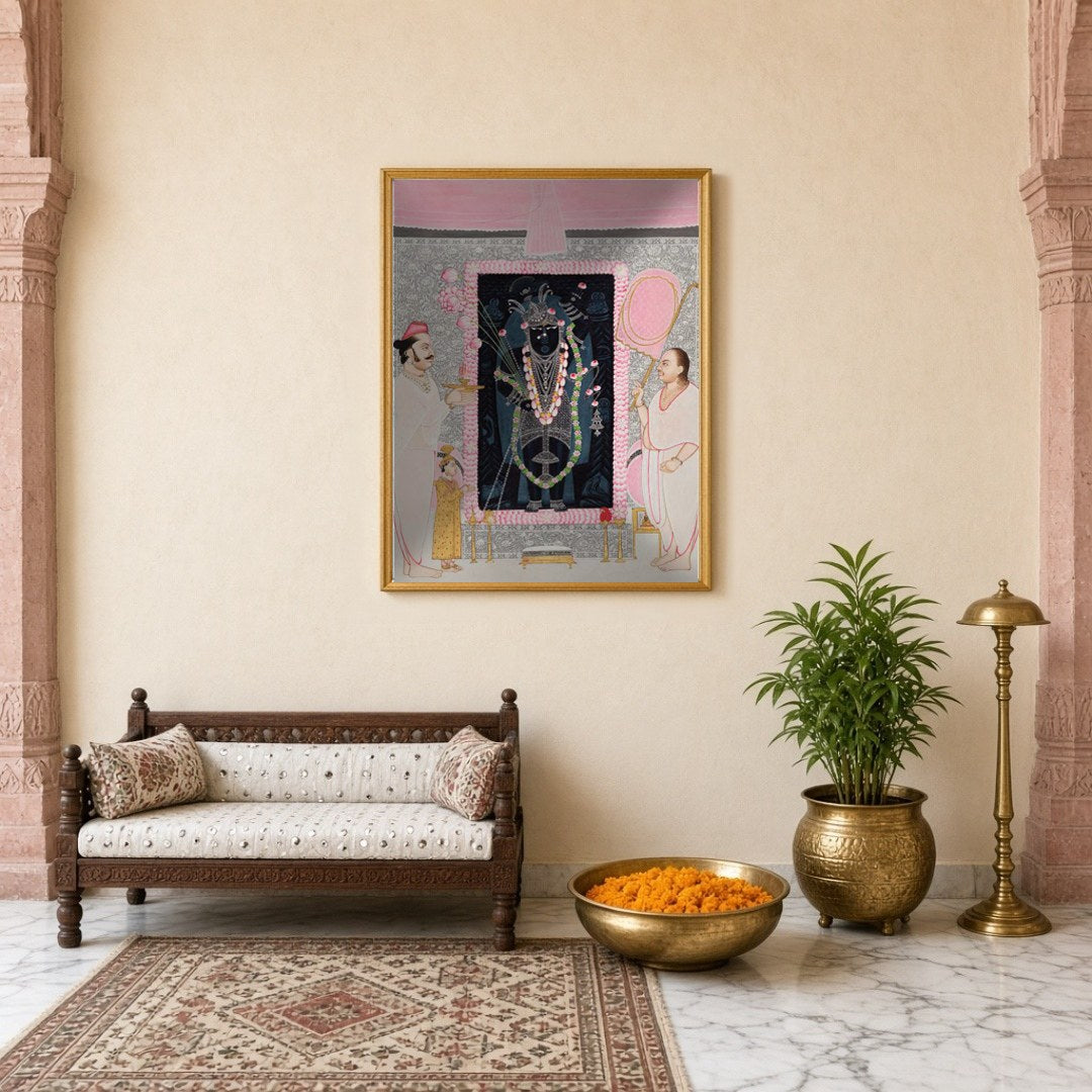 Celebrate the divine presence of Shrinathji with this exquisite Pichwai artwork, capturing a serene for Entrance