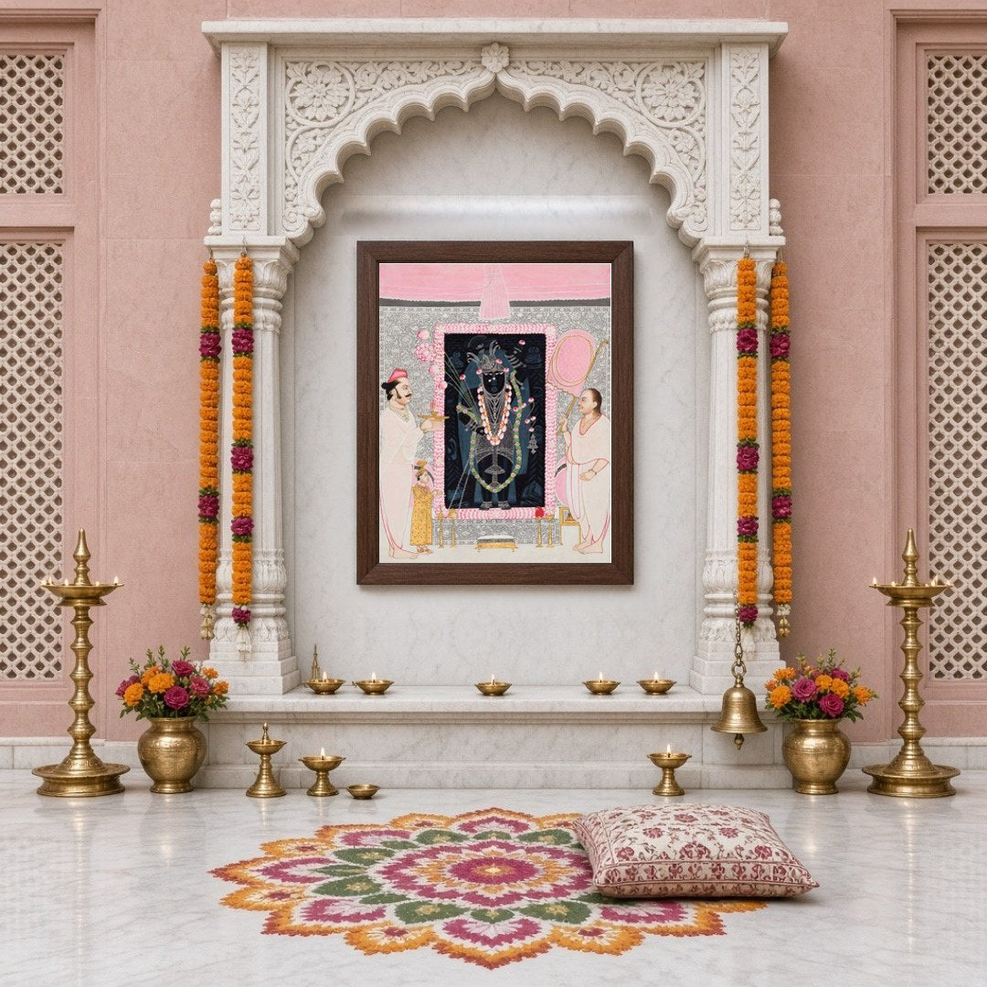 Celebrate the divine presence of Shrinathji with this exquisite Pichwai artwork, capturing a serene for Home Temple
