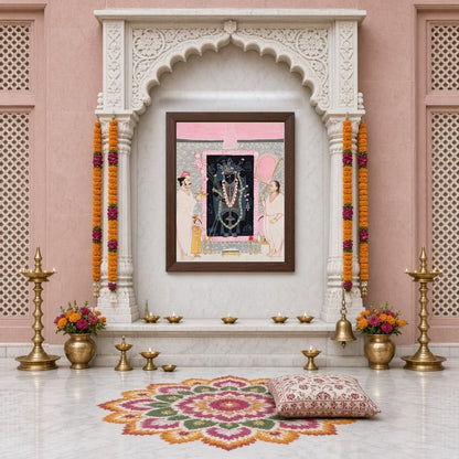 Celebrate the divine presence of Shrinathji with this exquisite Pichwai artwork, capturing a serene for Home Temple