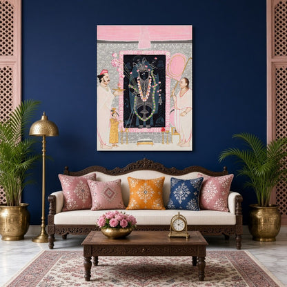 Celebrate the divine presence of Shrinathji with this exquisite Pichwai artwork, capturing a serene for Living Room