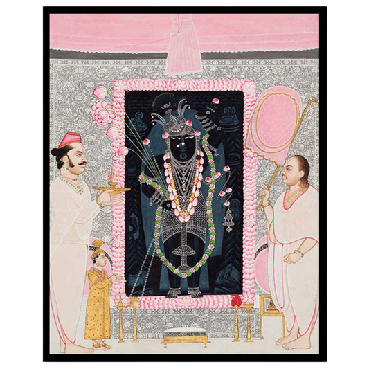 Celebrate the divine presence of Shrinathji with this exquisite Pichwai artwork, capturing a serene for living-space