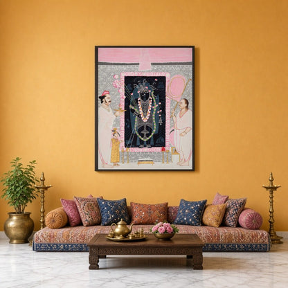 Celebrate the divine presence of Shrinathji with this exquisite Pichwai artwork, capturing a serene for Sitting Lounge