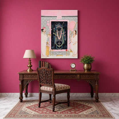 Celebrate the divine presence of Shrinathji with this exquisite Pichwai artwork, capturing a serene for Study