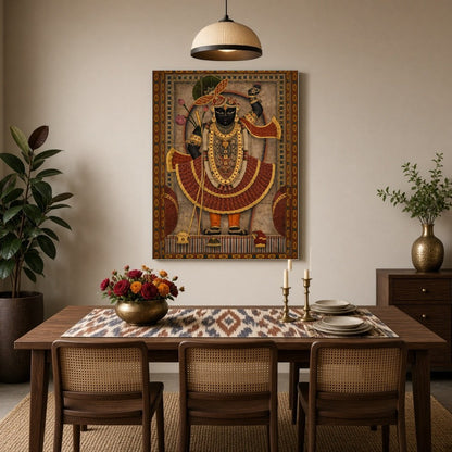 This stunning piece captures the divine essence of Shrinathji adorned in opulent garments, standing for Dining