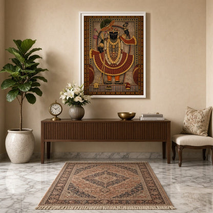 This stunning piece captures the divine essence of Shrinathji adorned in opulent garments, standing for Entrance