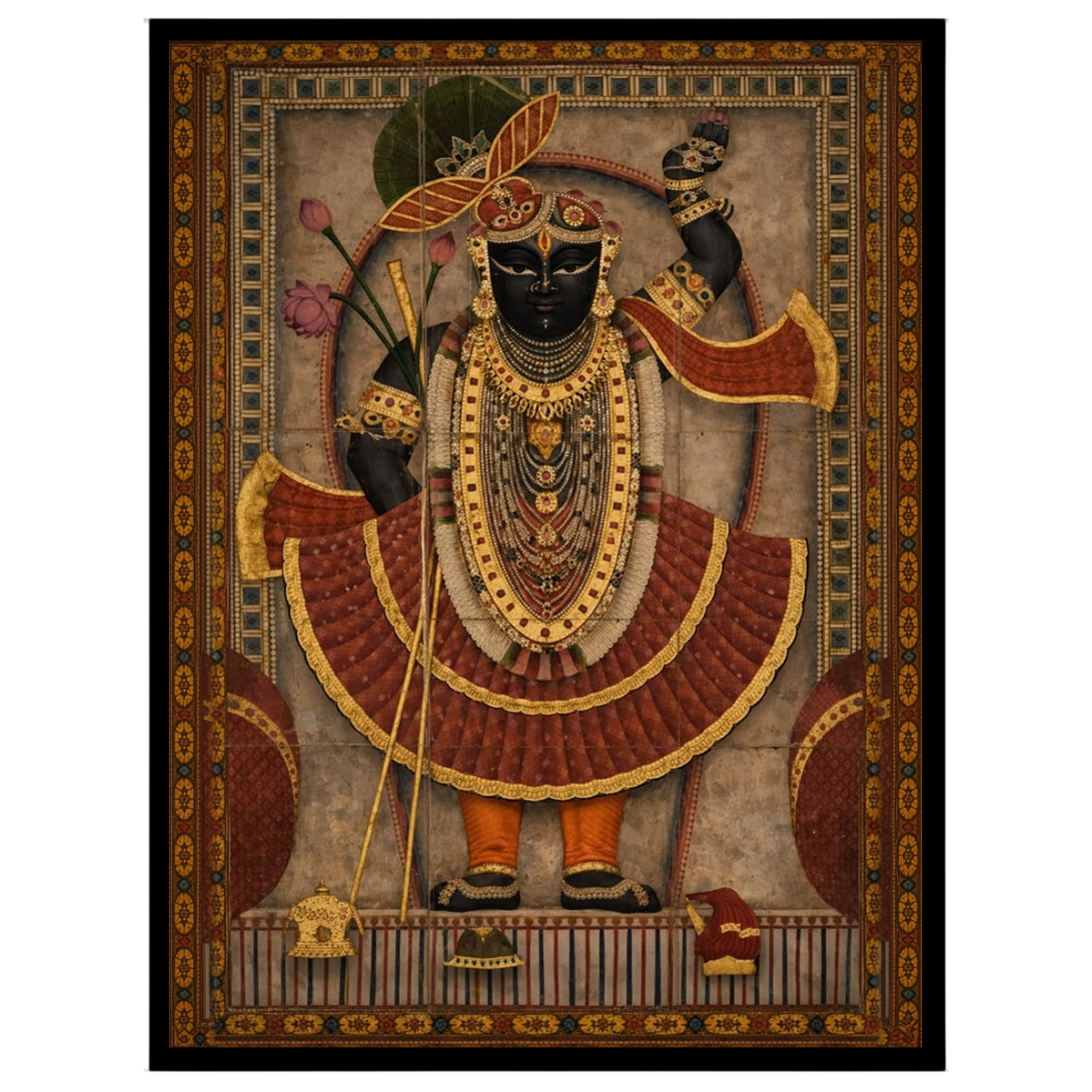 This stunning piece captures the divine essence of Shrinathji adorned in opulent garments, standing for gallery