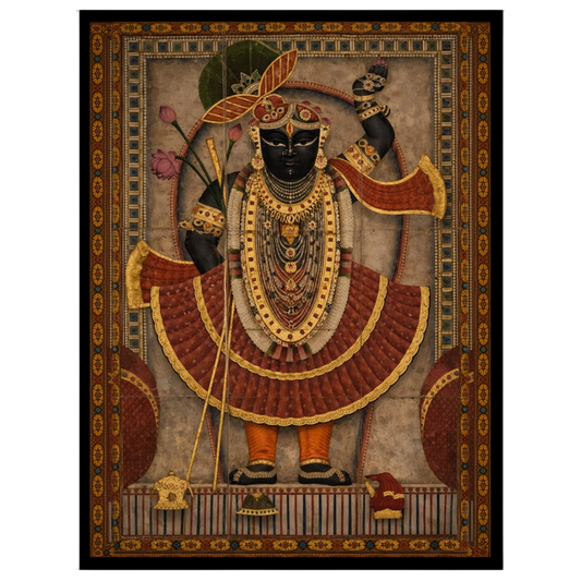 This stunning piece captures the divine essence of Shrinathji adorned in opulent garments, standing for gallery