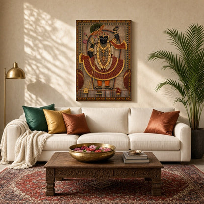 This stunning piece captures the divine essence of Shrinathji adorned in opulent garments, standing for Living Room