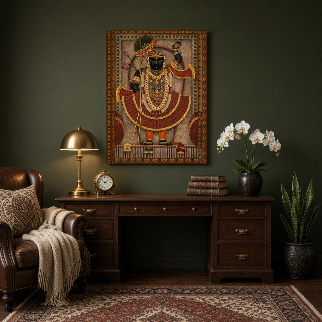 This stunning piece captures the divine essence of Shrinathji adorned in opulent garments, standing for Study