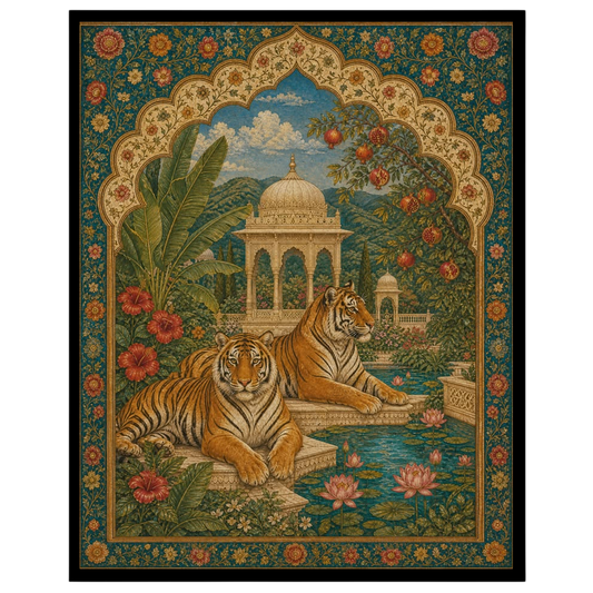 Experience the majestic allure of this Indian miniature art print capturing two regal tigers for decor