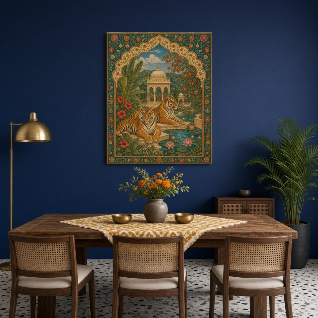 Experience the majestic allure of this Indian miniature art print capturing two regal tigers for Dining